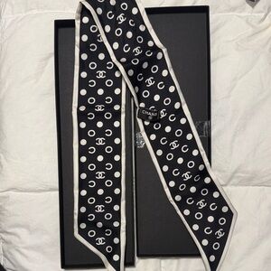 CHANEL Black and White Polka Dot Silk Twilly with CC Logos